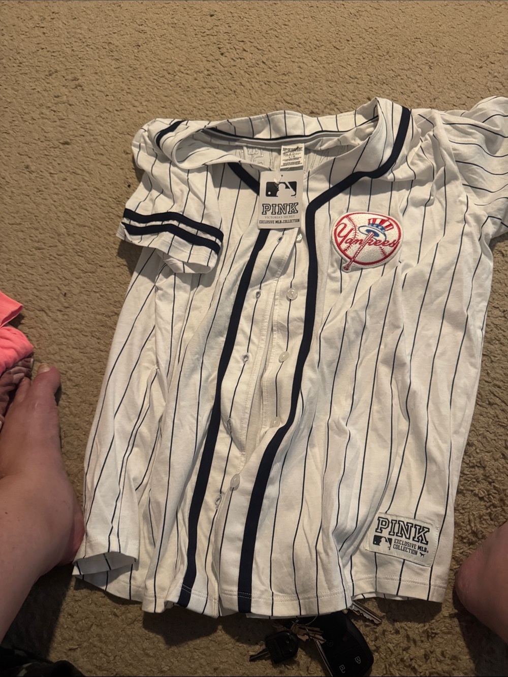 PINK Victoria's Secret White and Navy Pinstripe Yankees Button-Up Jersey